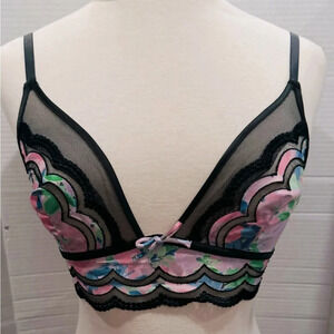 NEW For Love+Lemons Odette floral triangle bra Pink black lace scalopped bow XS
